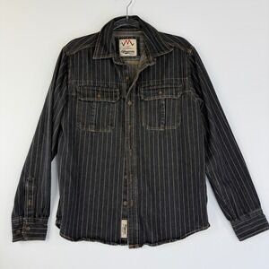 Vimanron Hickory Stripe Denim Work Shirt Mens L Black Flap Button Pocket